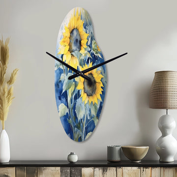 Yellow Blue Sunflower Golden - Asymmetric Metal Wall Clock